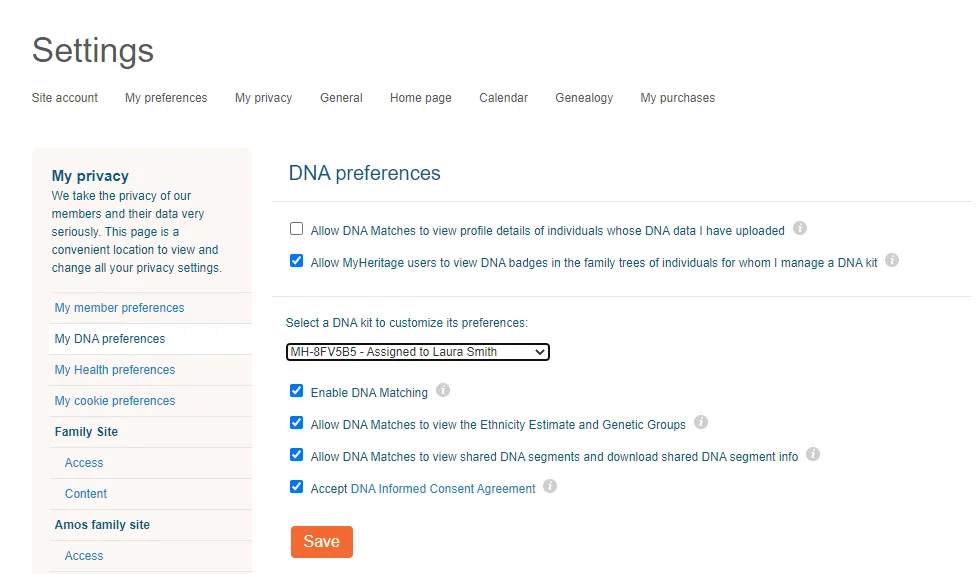 DNA privacy preferences on MyHeritage