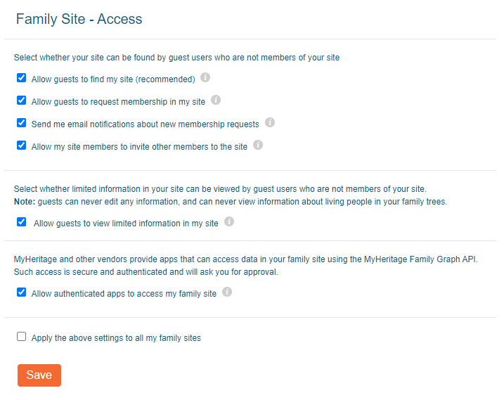 family site access settings on MyHeritage