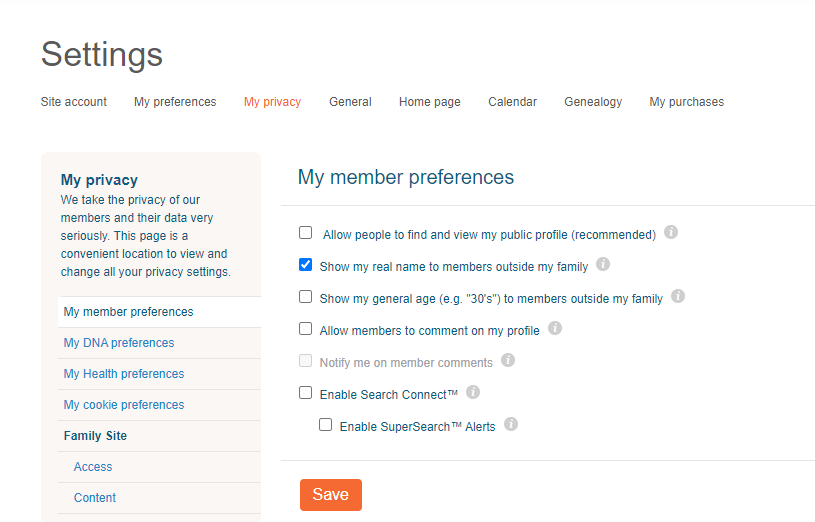 member privacy preferences on MyHeritage