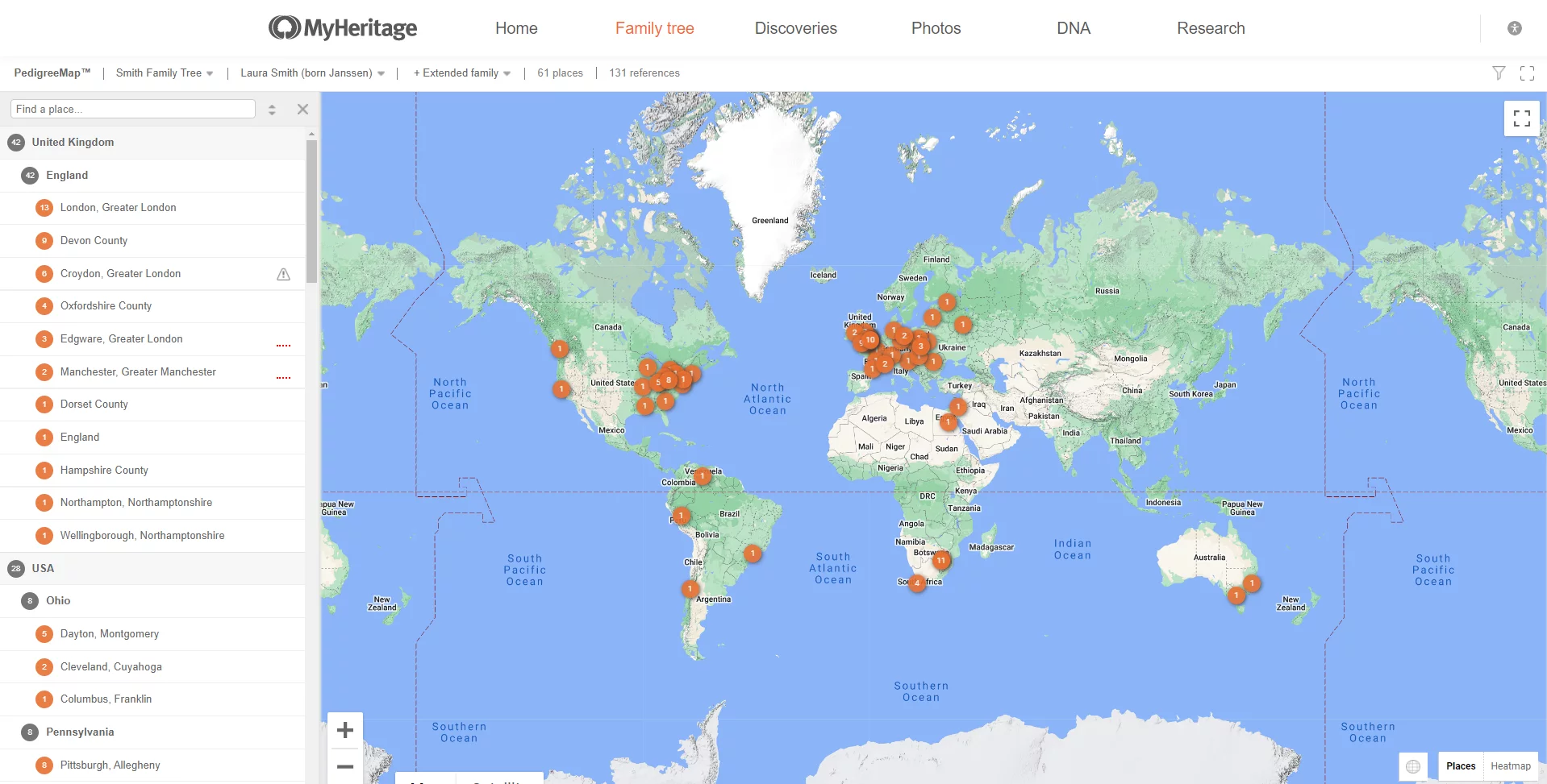 Example of a PedigreeMap™ on MyHeritage