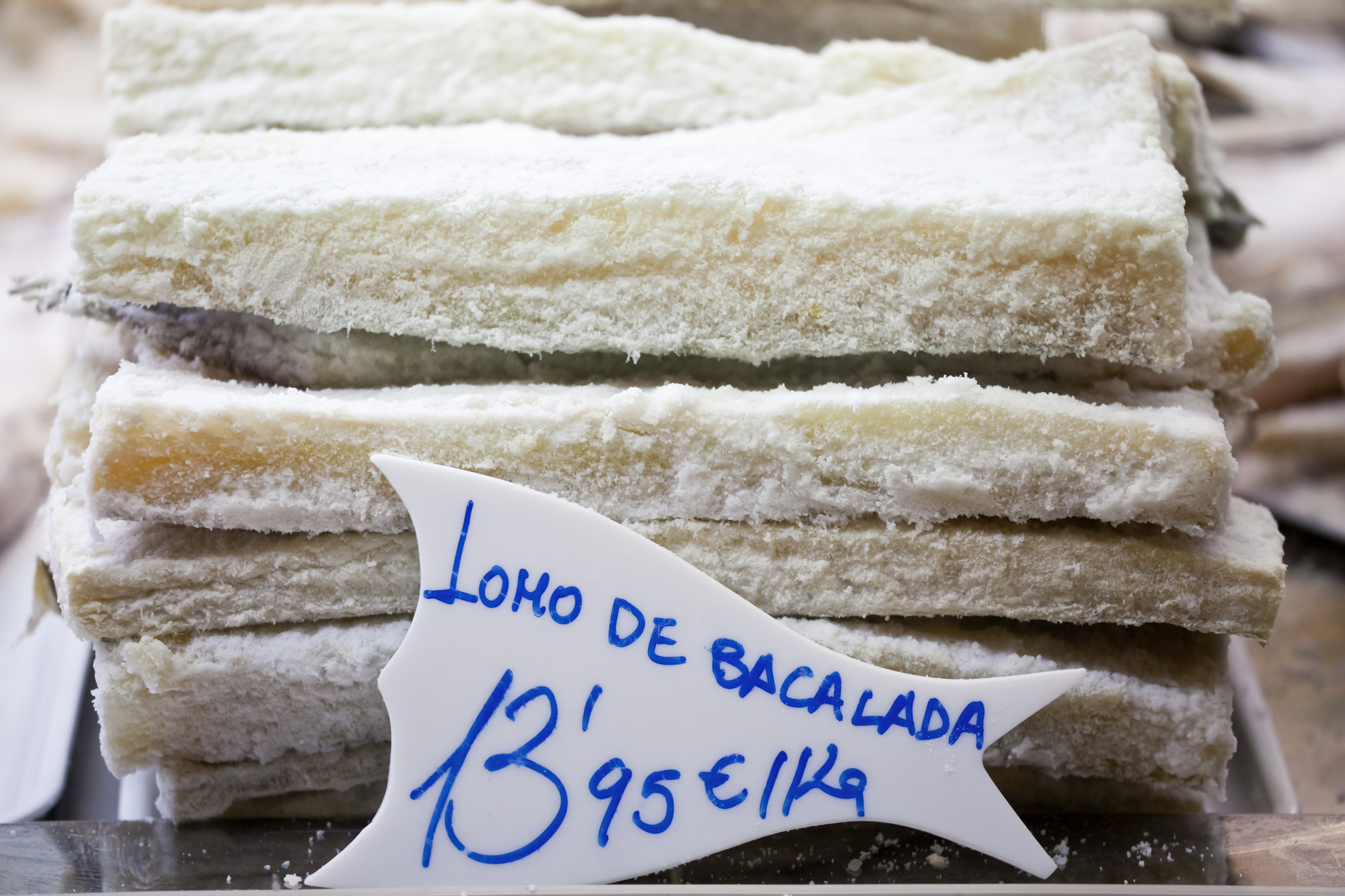 Salted Fillet of Cod for sale at a Spanish Basque food market. Salt Cod has been produced for at least 500 years, as it was a means of preserving fish prior to refrigeration.