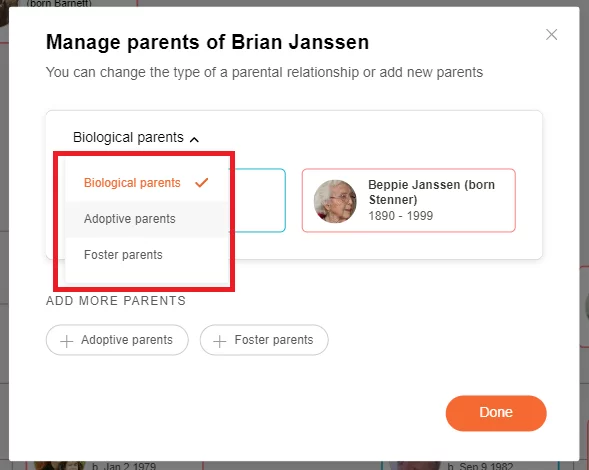 Changing the parent type on MyHeritage