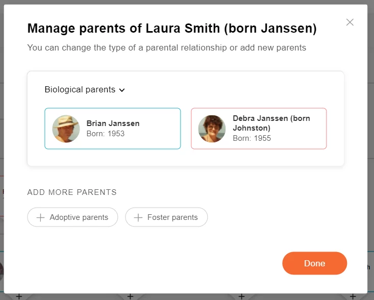 "Manage parents" window on MyHeritage