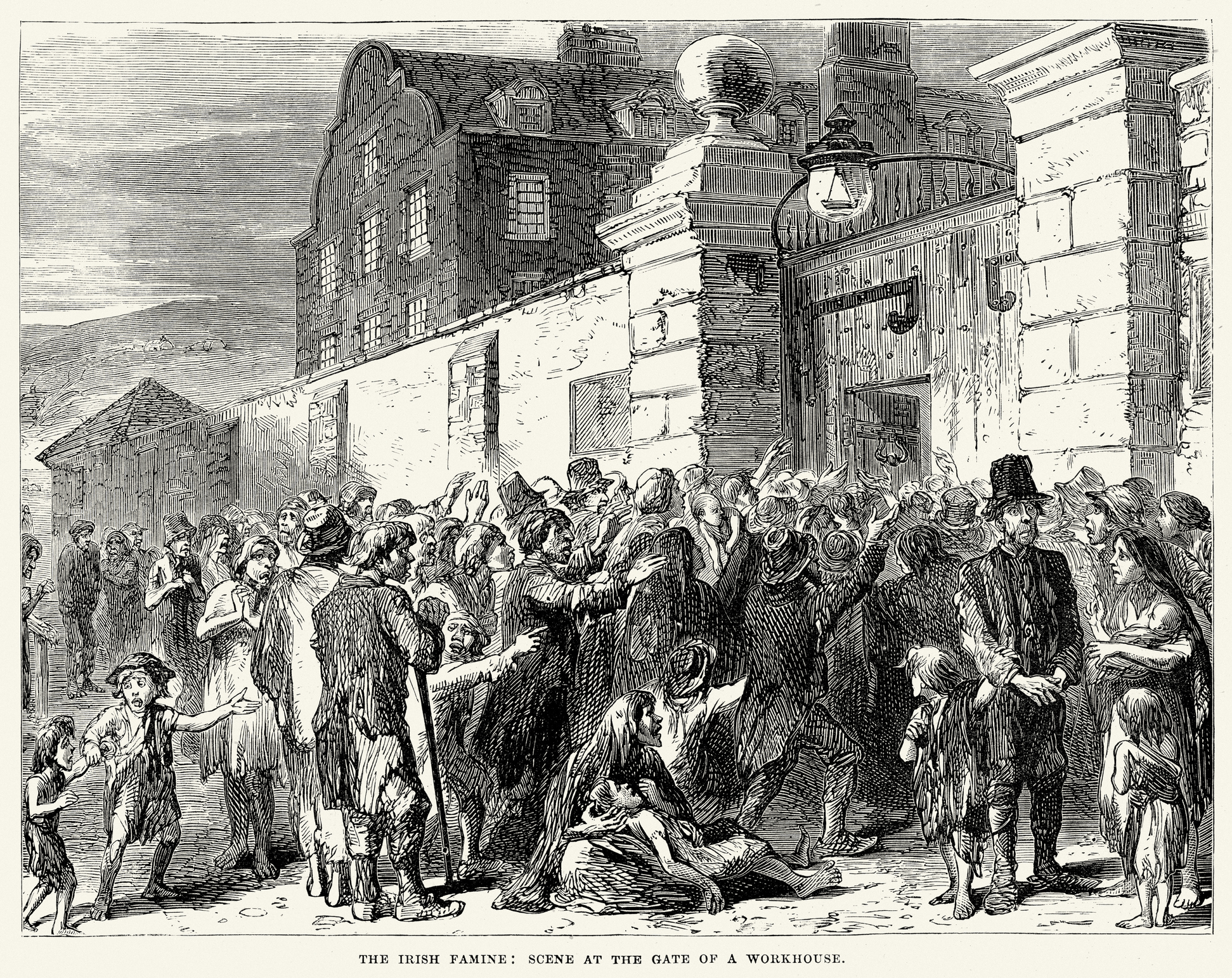 Black and white engraving of The Irish Famine, scene at the Gate of a Workhouse