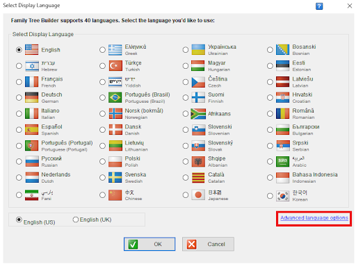 Accessing advanced language settings on Family Tree Builder