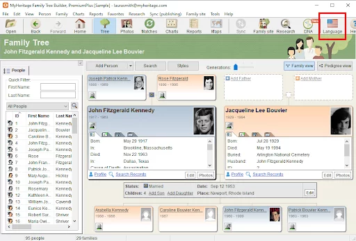 Accessing language settings in Family Tree Builder