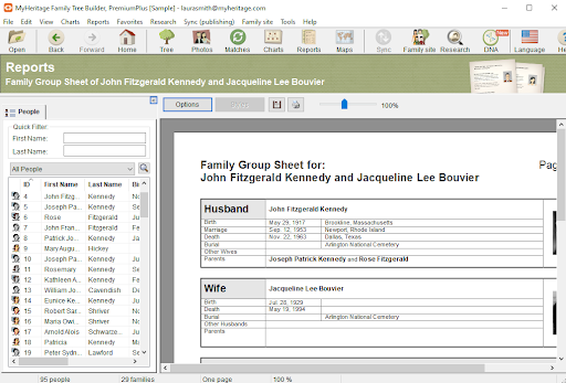 Example of a "family group sheet" report on Family Tree Builder
