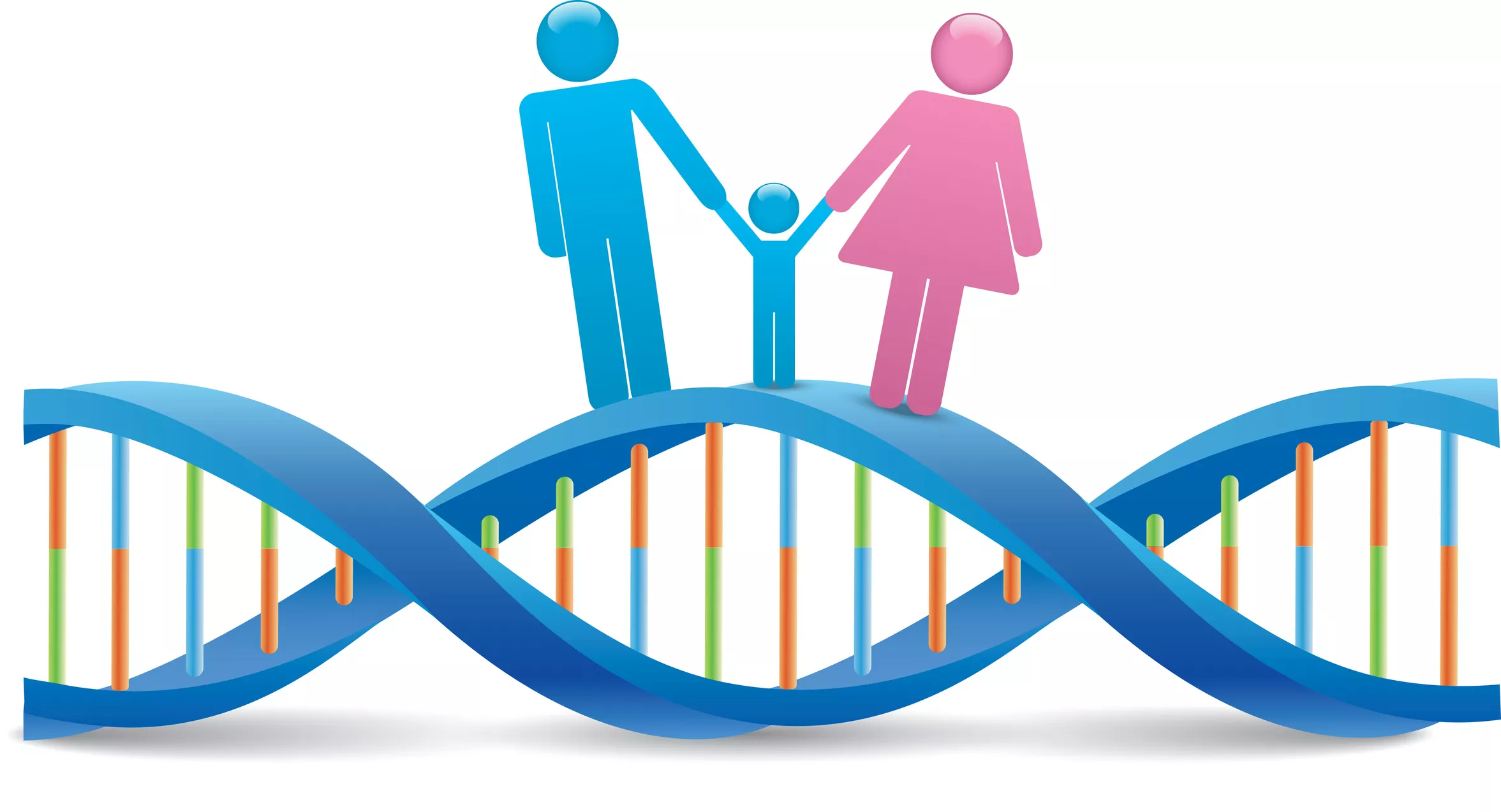 How much DNA do you share with your parents? Illustration of parents and child on DNA strand