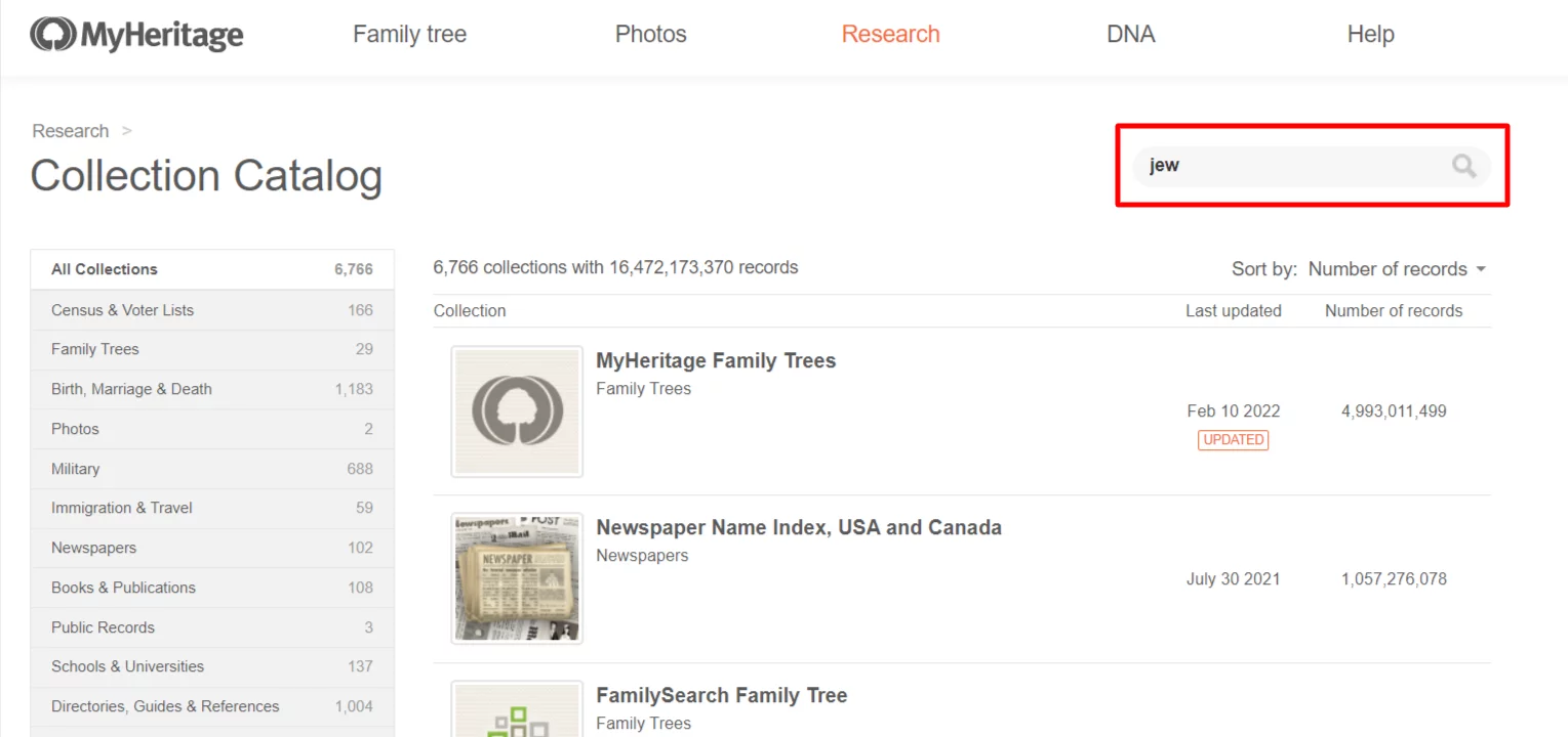 Researching Jewish genealogy on MyHeritage's Collection Catalog