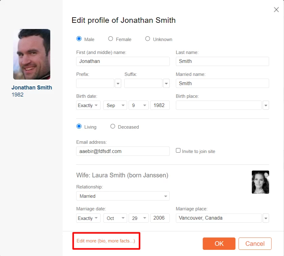 Accessing the full "Edit profile" page on MyHeritage