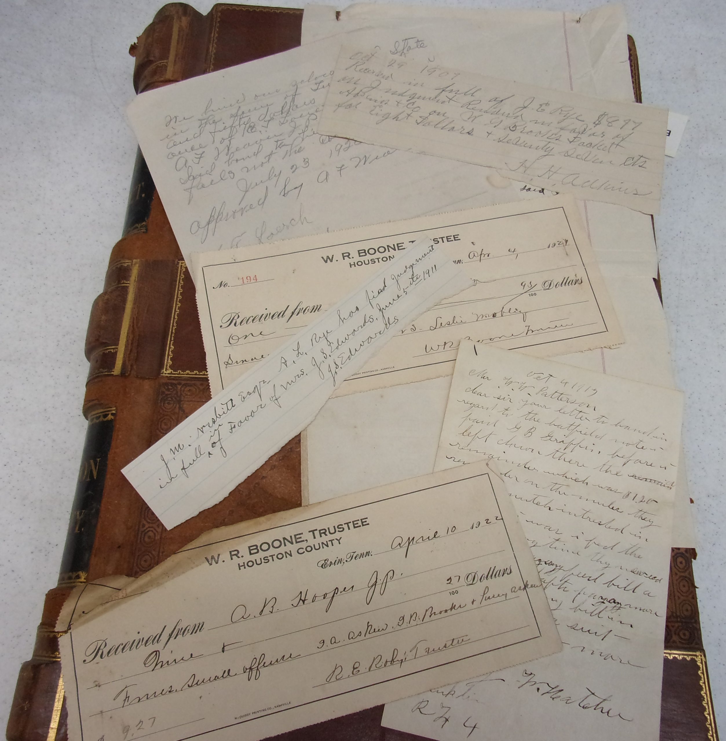 Example of loose records found in a bound book, from the Houston County, Tennessee Archives. Photo courtesy of Melissa Barker