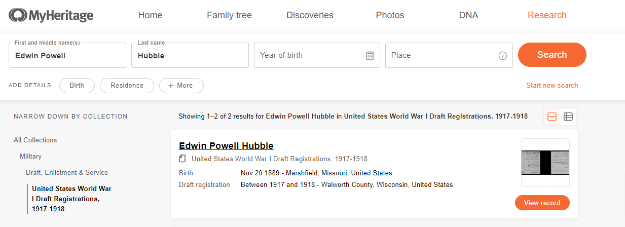 Military records search results for Edwin Powell Hubble