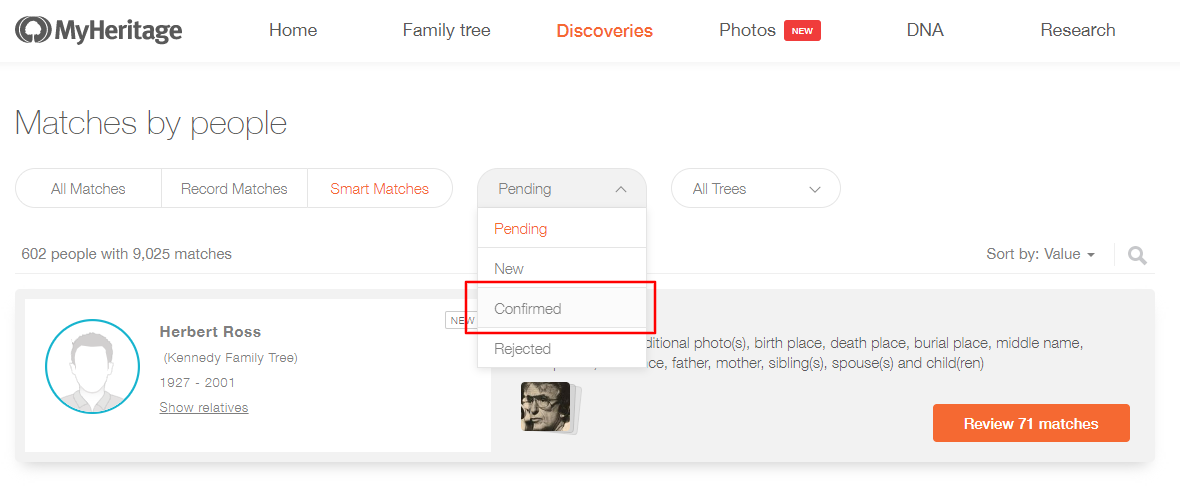 Reviewing confirmed Smart Matches™ on MyHeritage