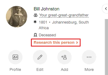 The "Research this person" function on the profile panel