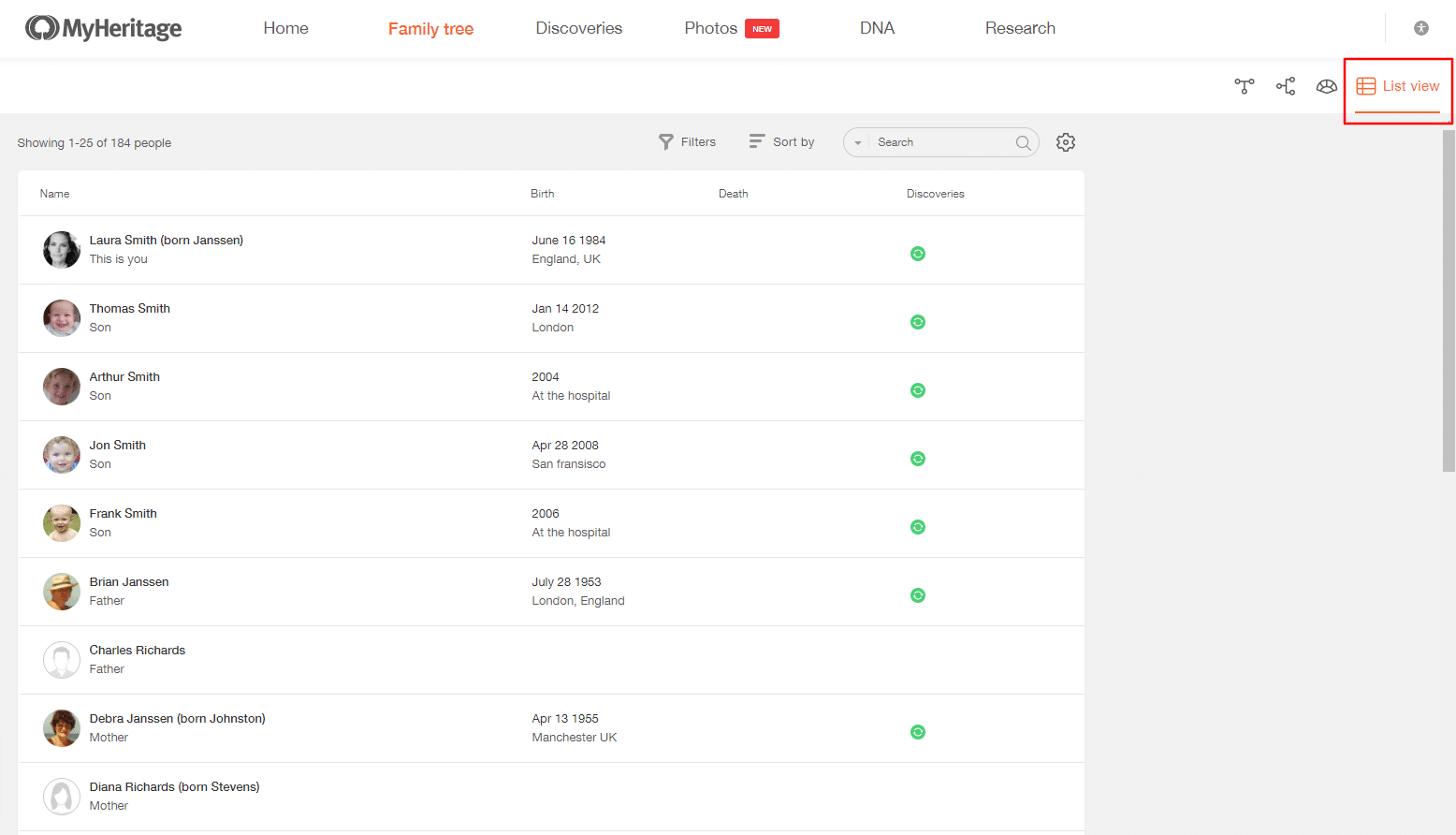 Viewing your family tree with List view on MyHeritage