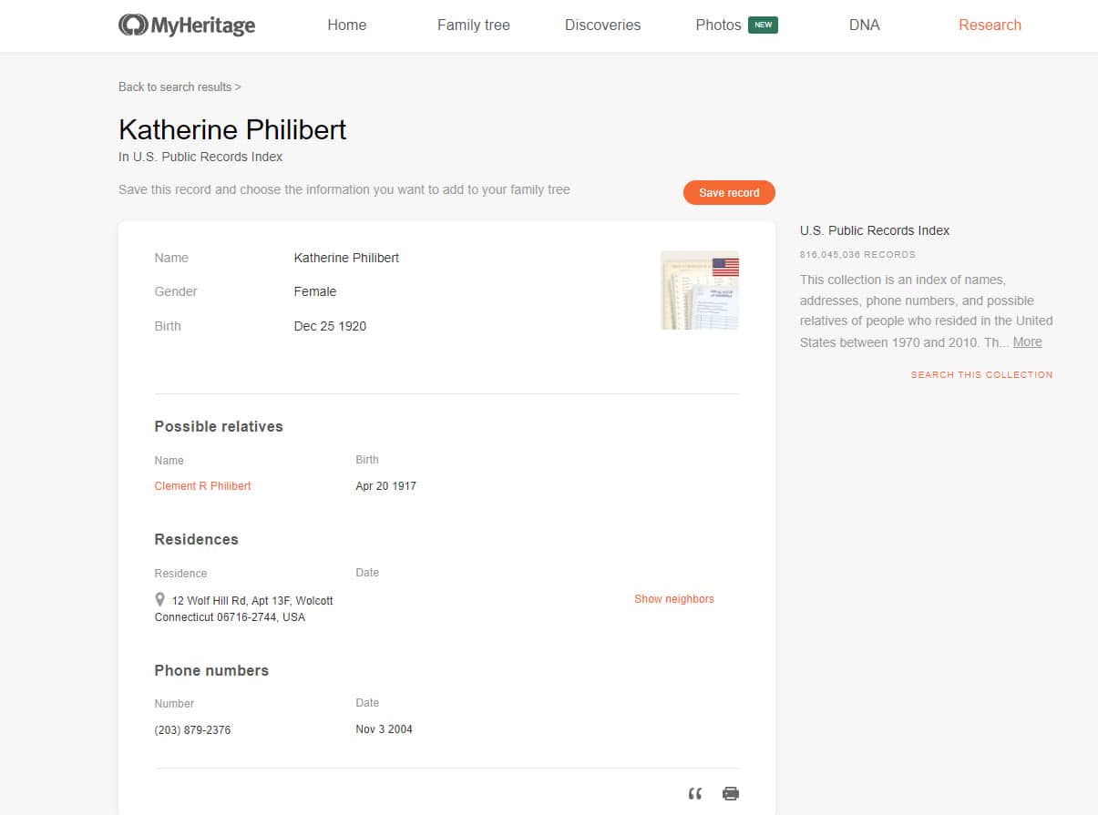 Example record of Katerine Philibert from the U.S. Public Records collection on MyHeritage