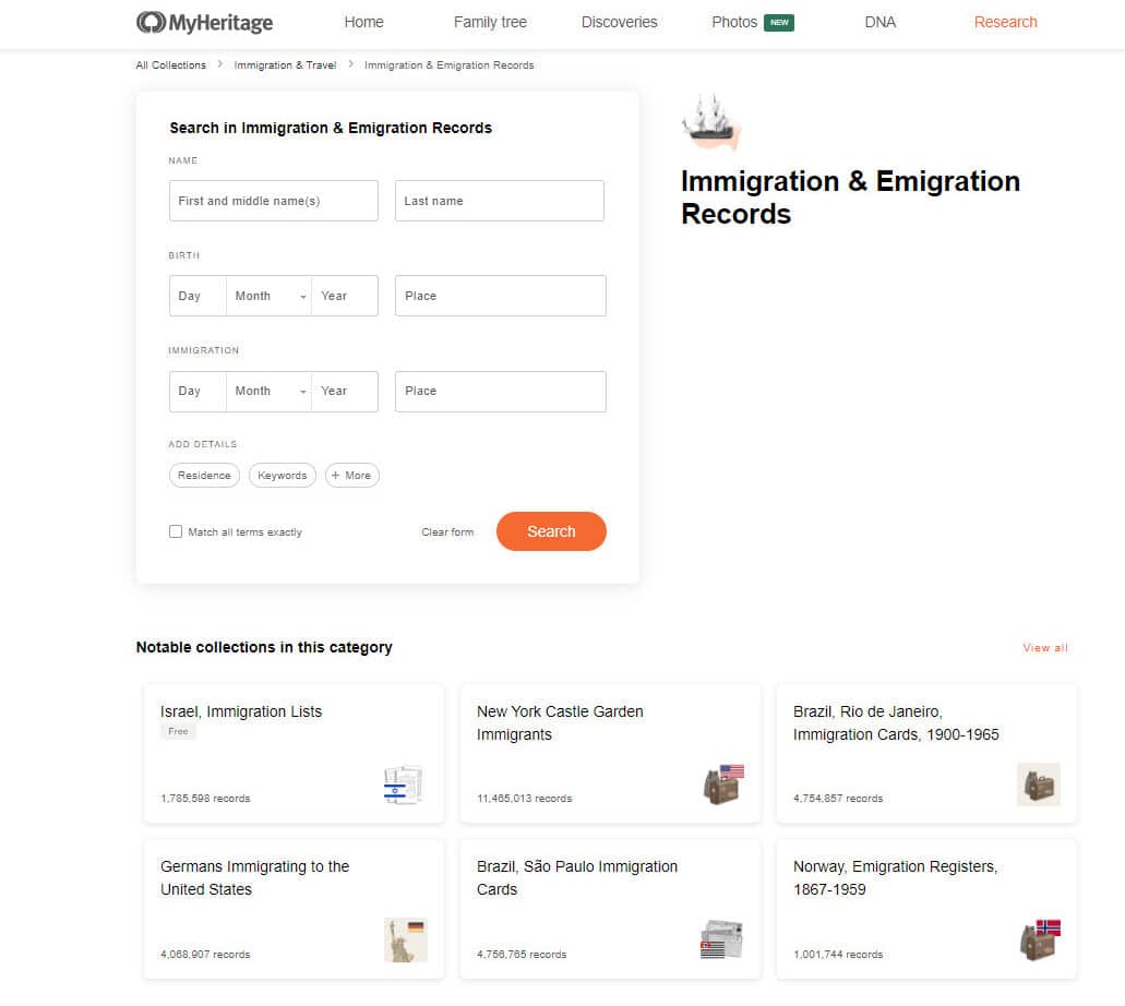 Immigration and emigration records on MyHeritage