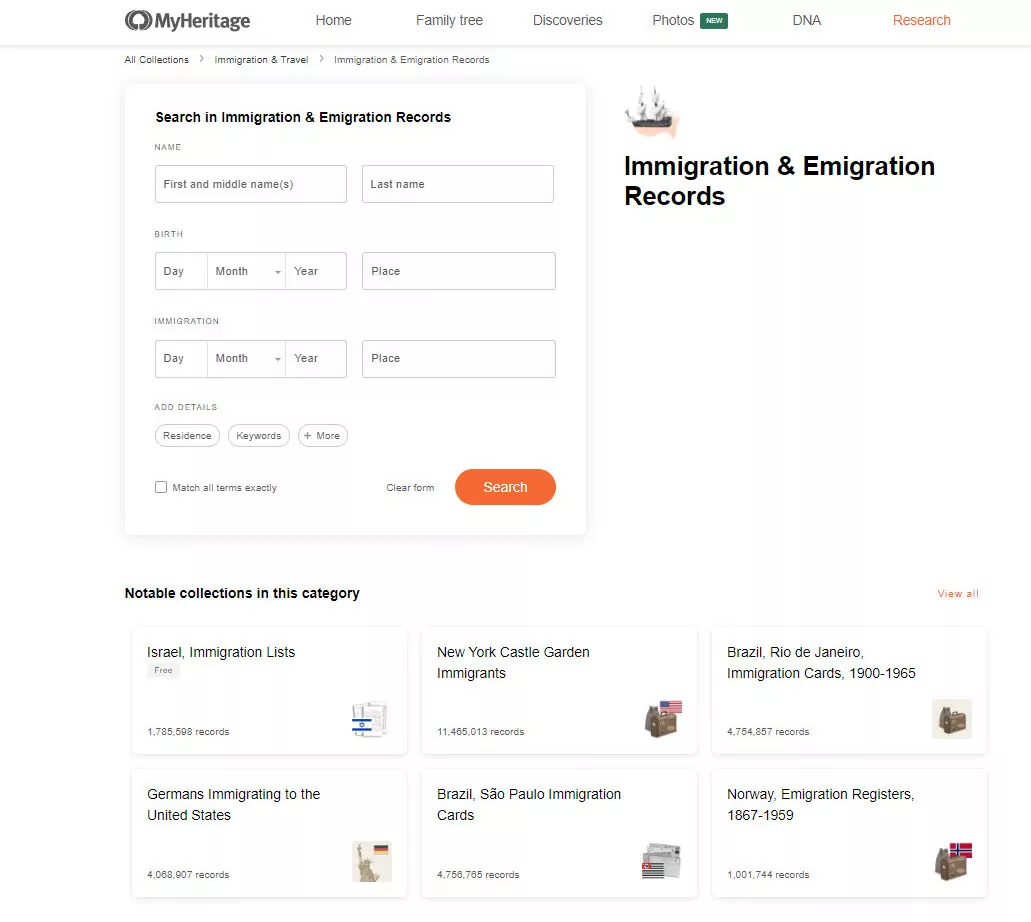 Immigration and emigration records on MyHeritage