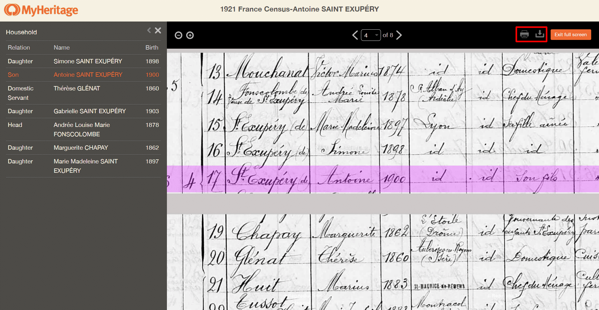 Viewing a census record in full screen mode on MyHeritage