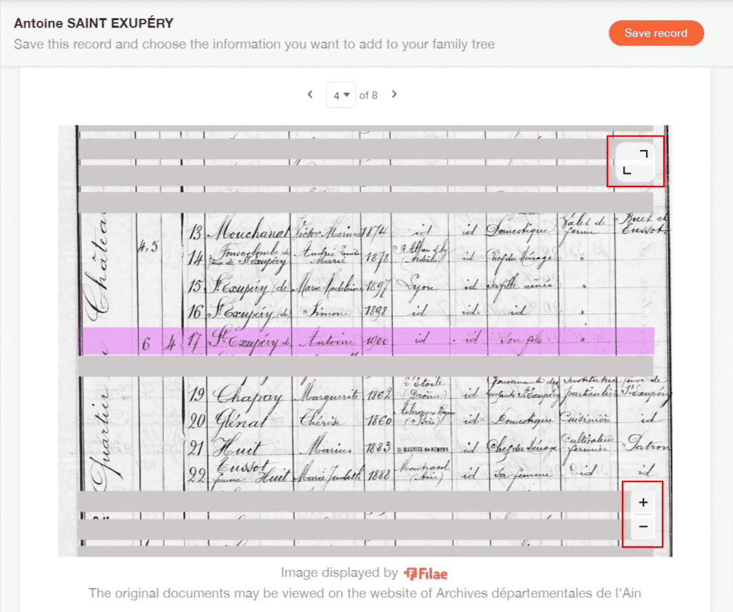 Zooming in and out and accessing the full screen view when viewing a scanned record on MyHeritage