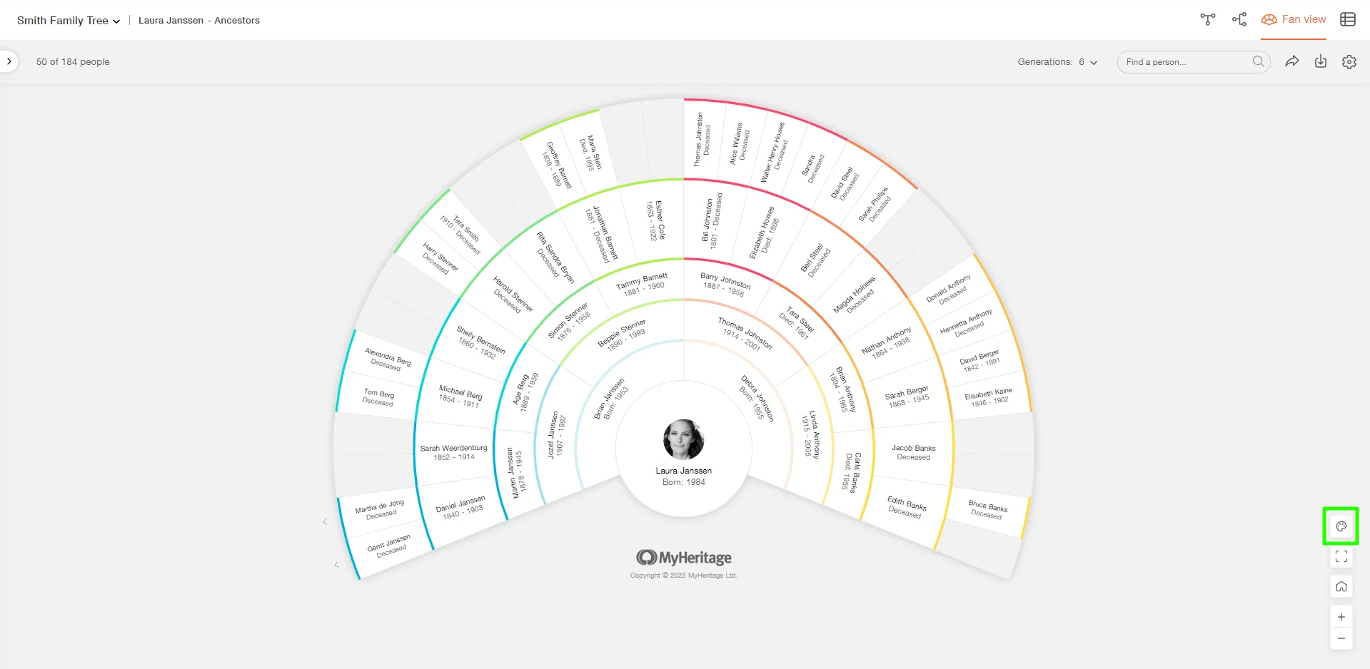 Fan view of the family tree on MyHeritage