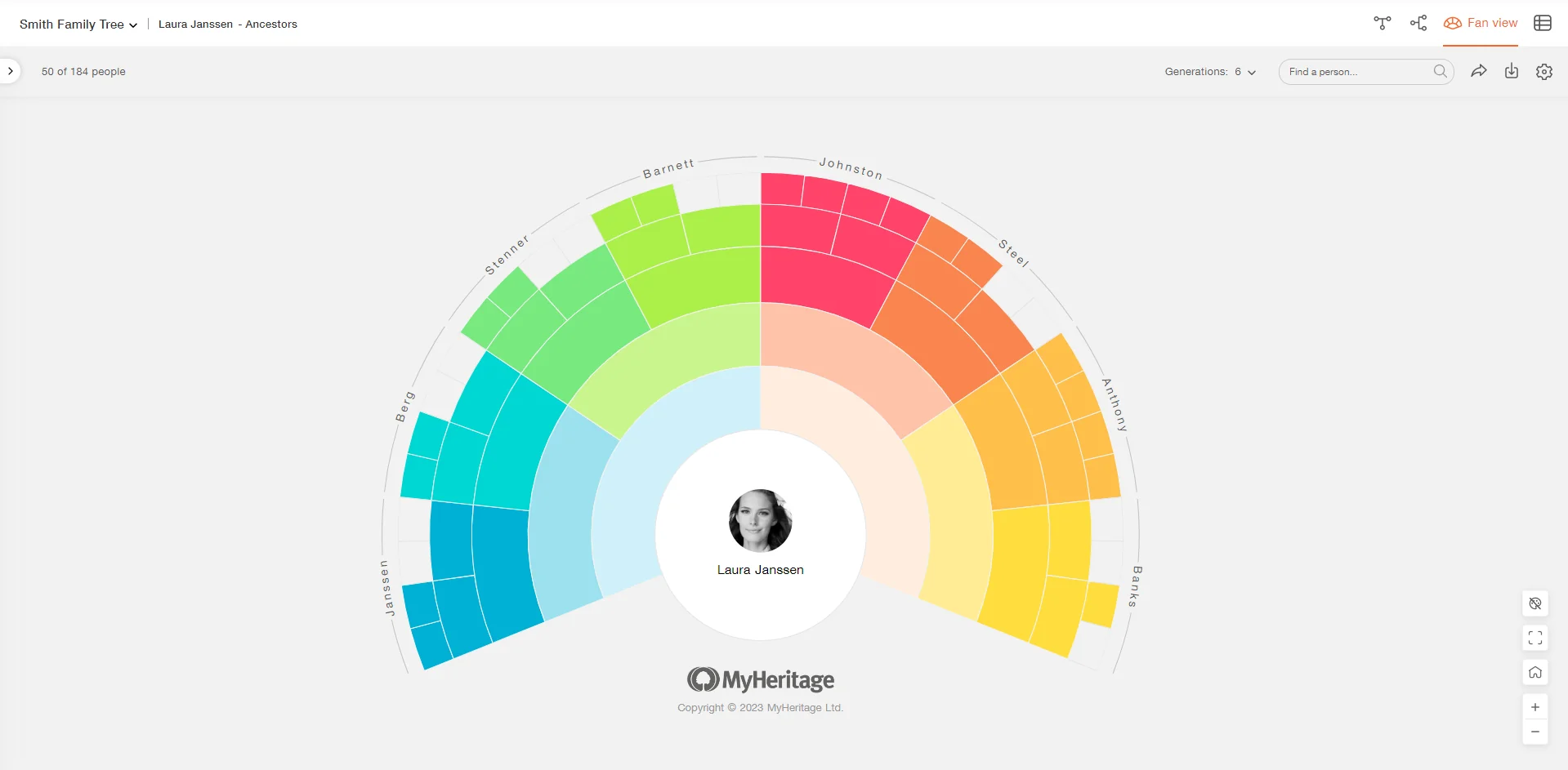 Fan view of the family tree using color mode on MyHeritage