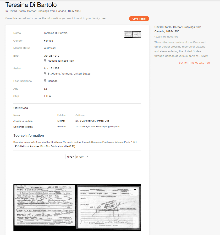 Record of Teresina Di Bartolo in the United States, Border Crossings from Canada 1895–1956 collection