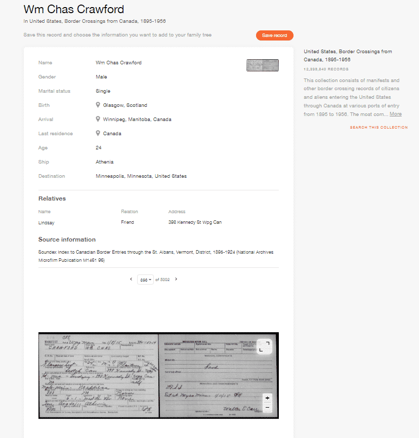 Record of Wm Chas Crawford in the United States, Border Crossings from Canada 1895–1956 collection