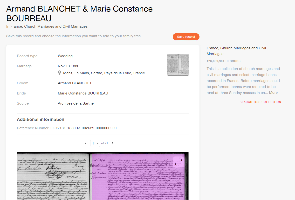 Marriage record of Armand Blanchet and Marie Constance Bourreau