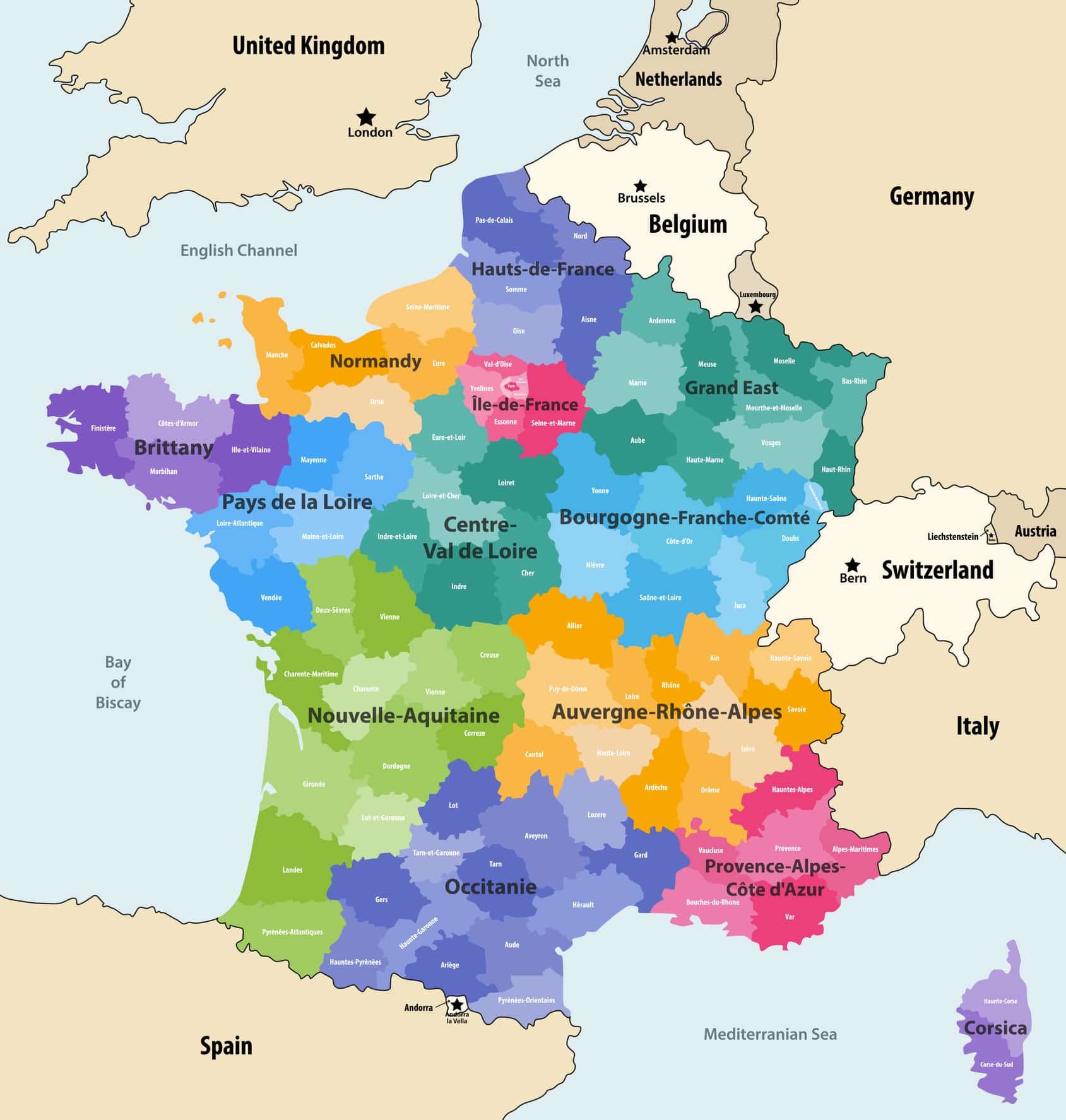 The administrative regions and departments of France