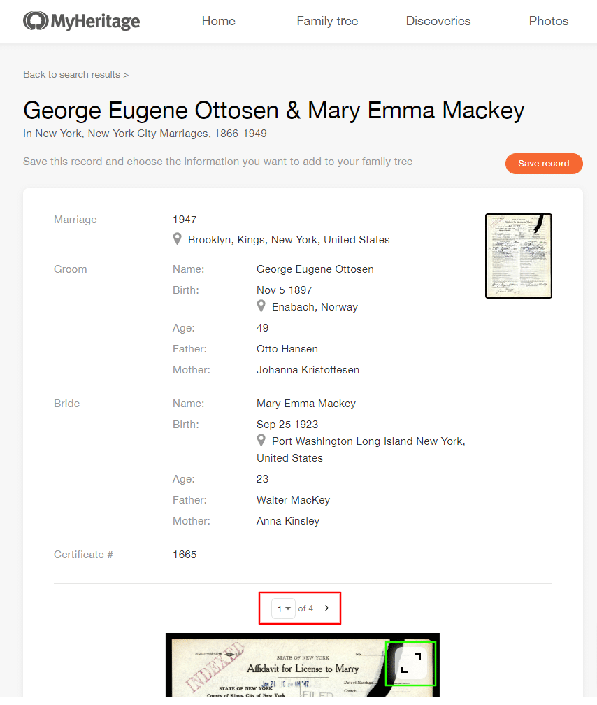 Marriage record of George Eugene Ottosen and Mary Emma Mackey on MyHeritage