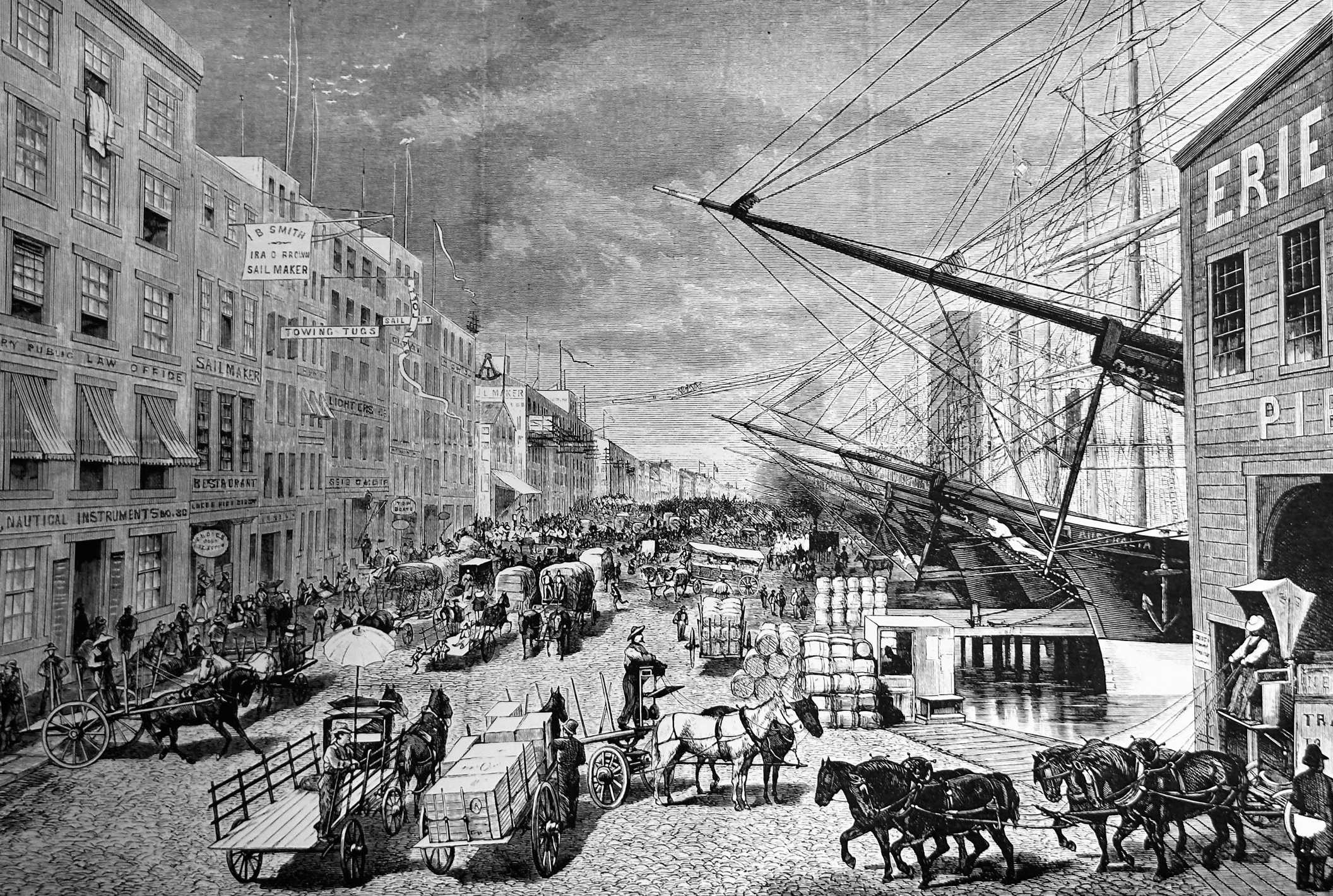 Illustration of ships docked at New York Harbor from the 19th century