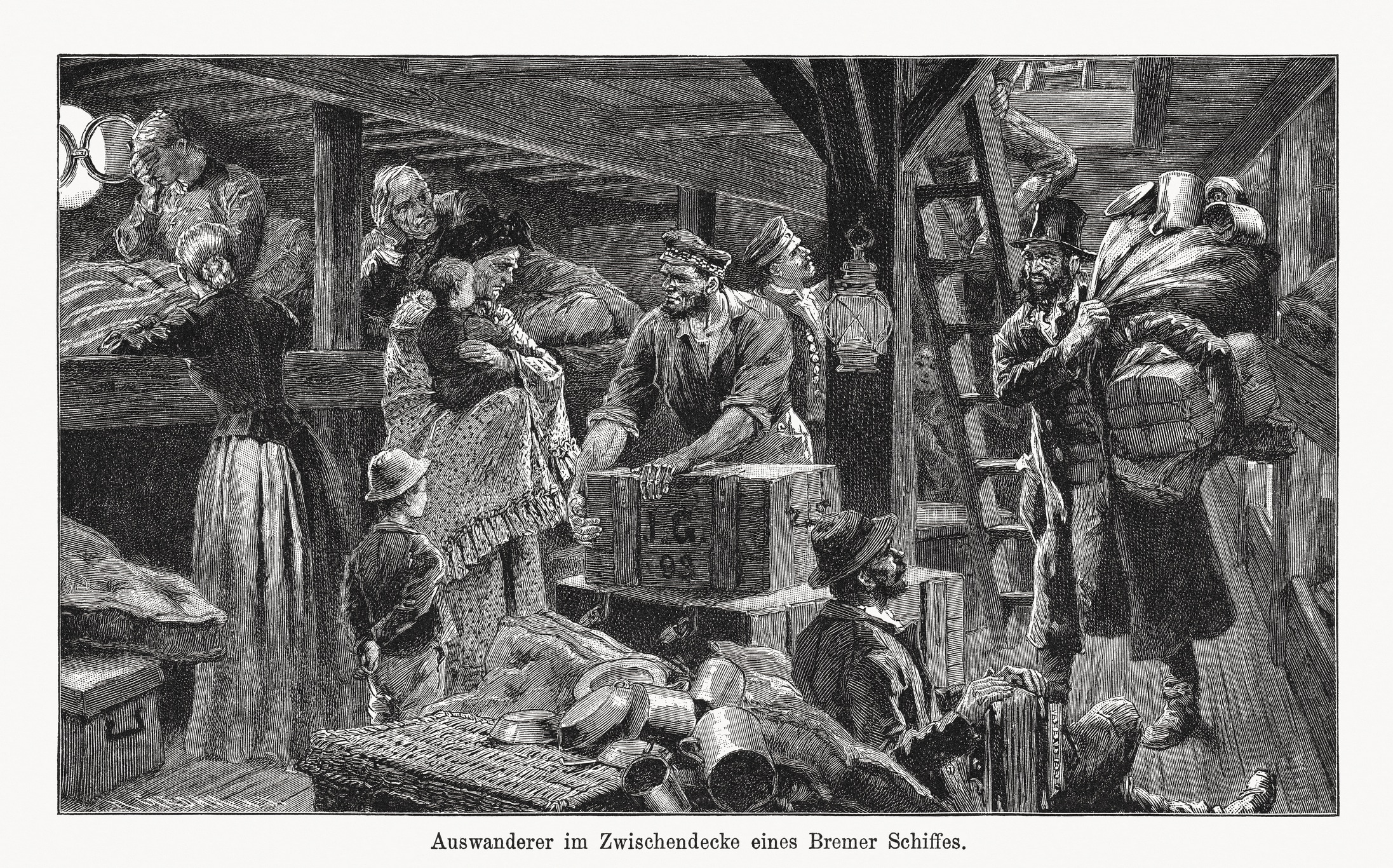 Immigrants in the steerage of a German ship on the crossing to America at the end of the 19th century
