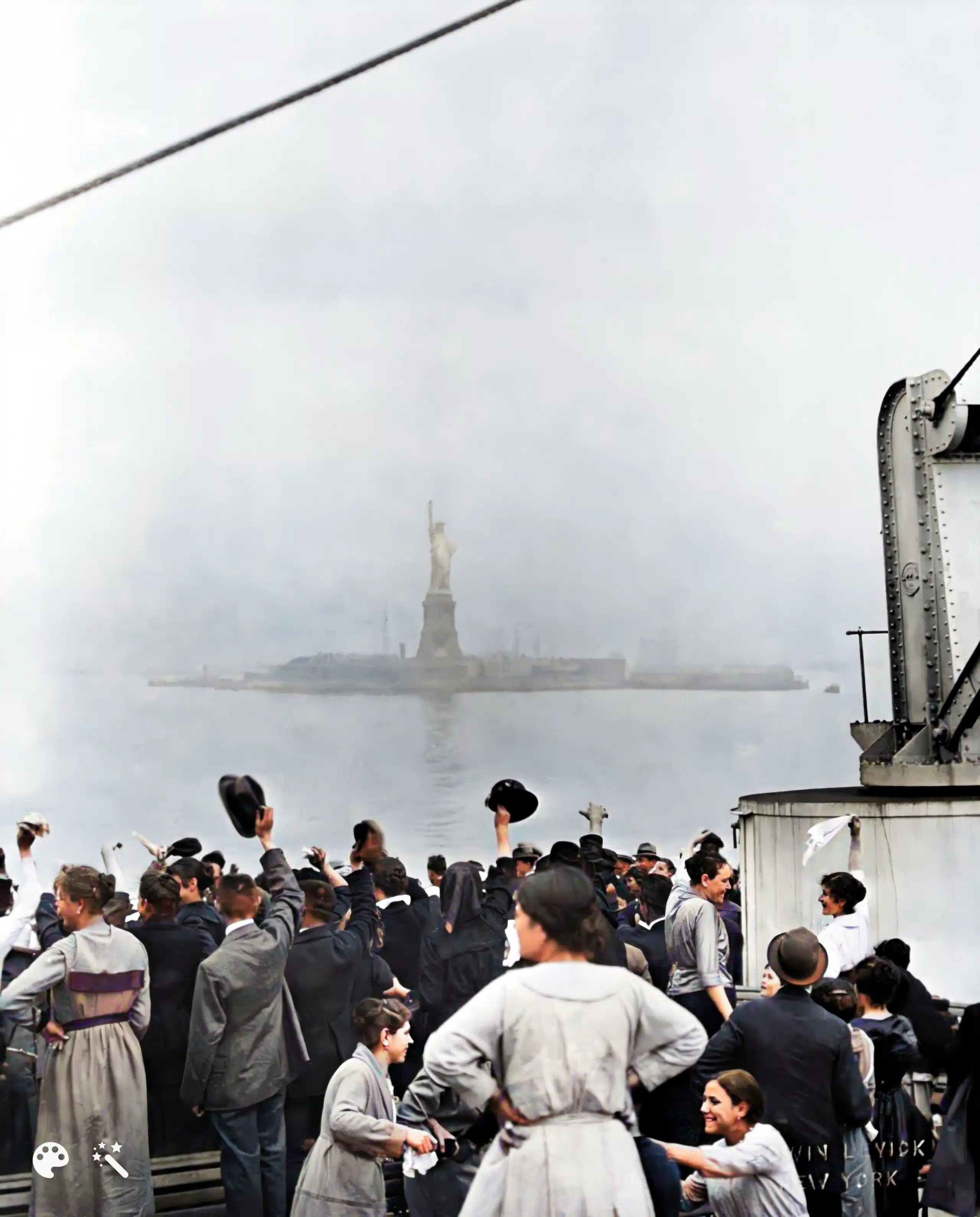 Passengers rejoice upon arrival in New York Harbor, c. 1900. Photo colorized and enhanced by MyHeritage