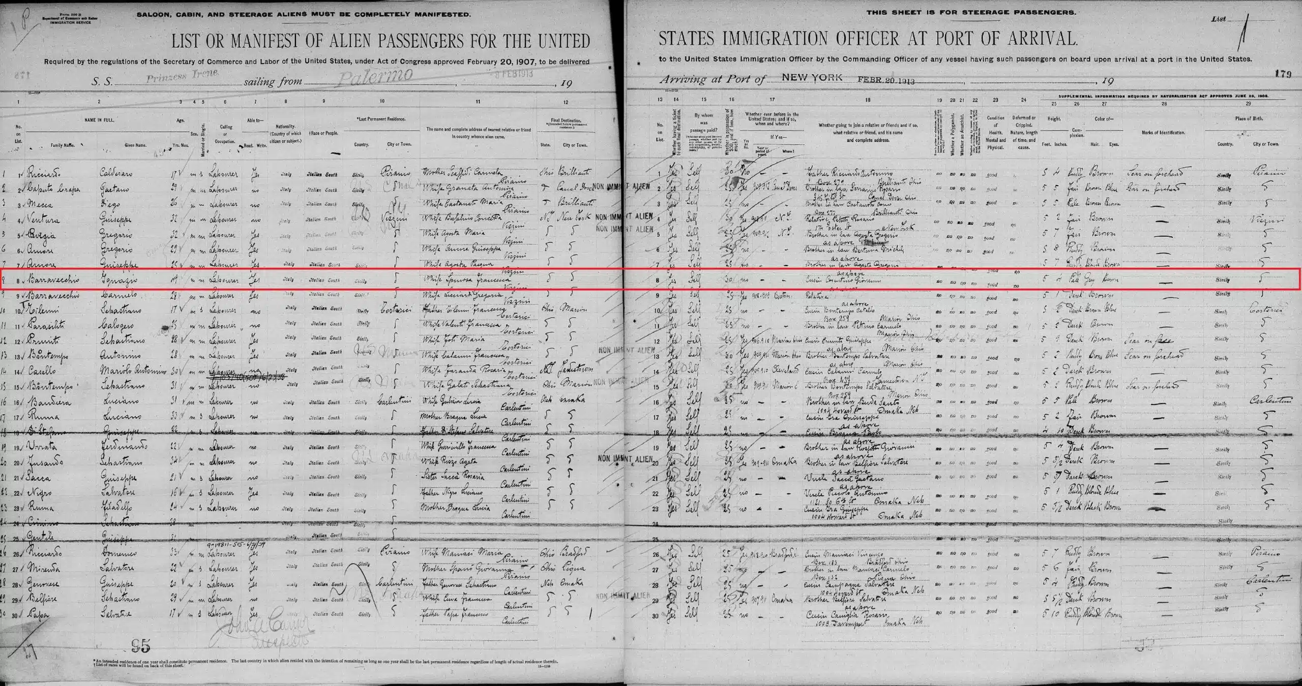 The full image of Ignazio's Ellis Island record from 1913