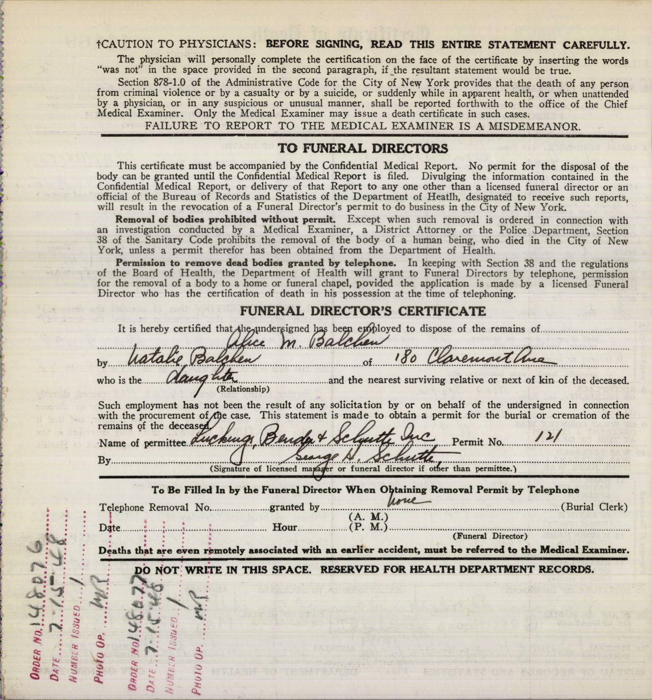 Page 2 of the death record of Alice Mary Balchen in New York City