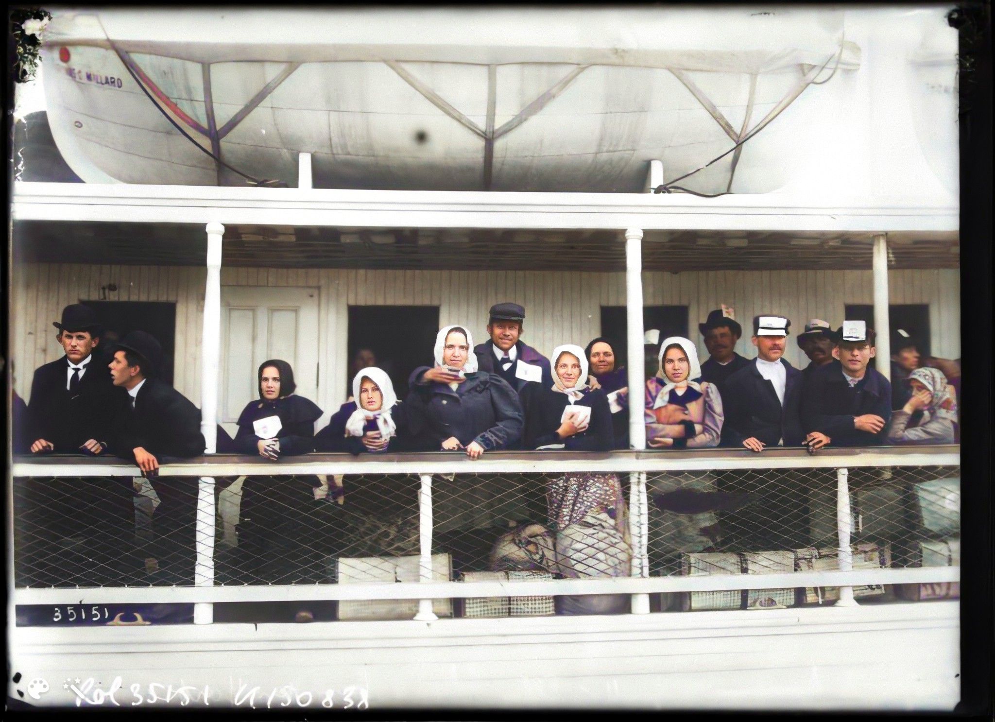 Immigrants arriving in New York from Ellis Island in 1913. Photo colorized and enhanced by MyHeritage