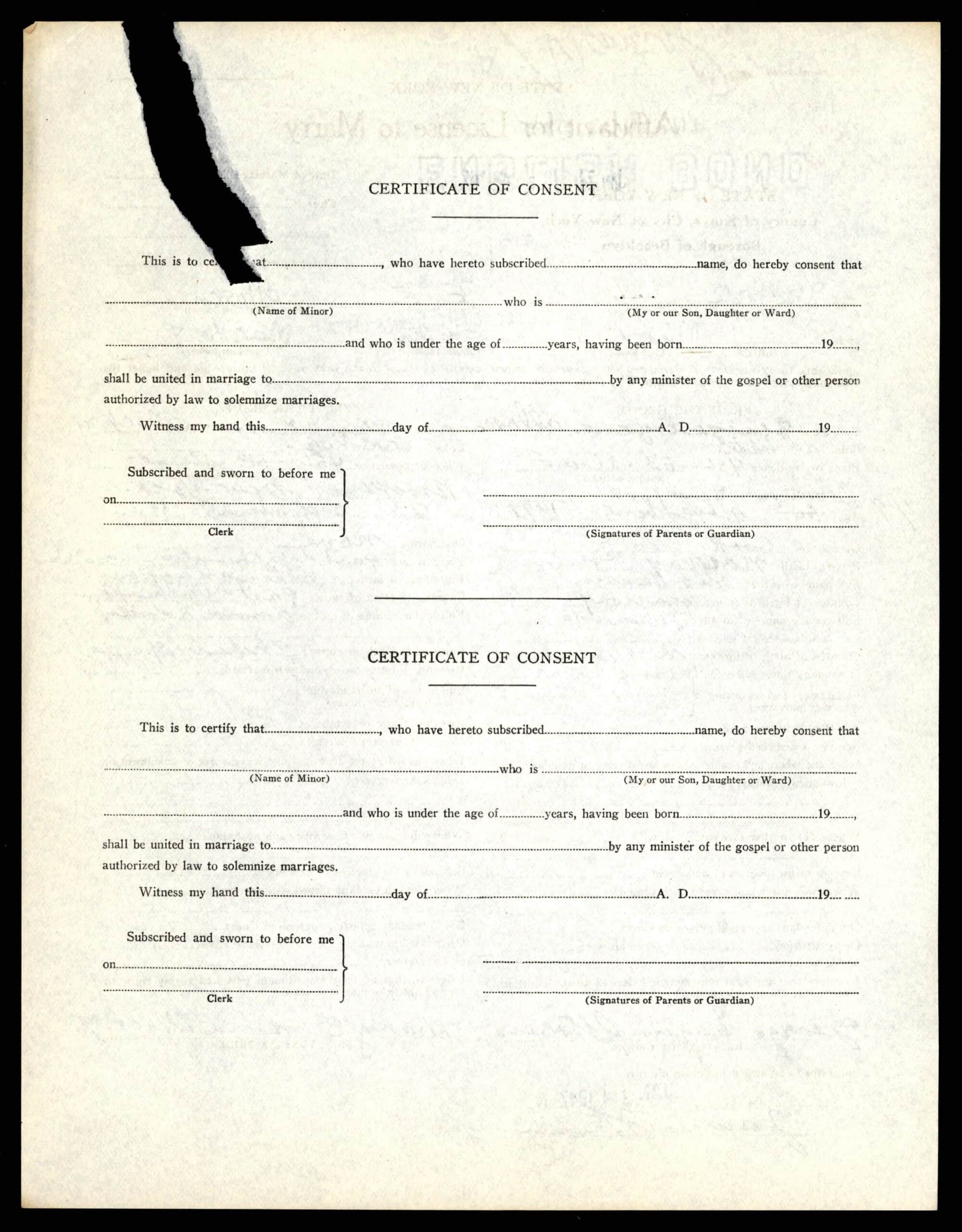 Page 2 of the NYC marriage record: a blank parental consent form