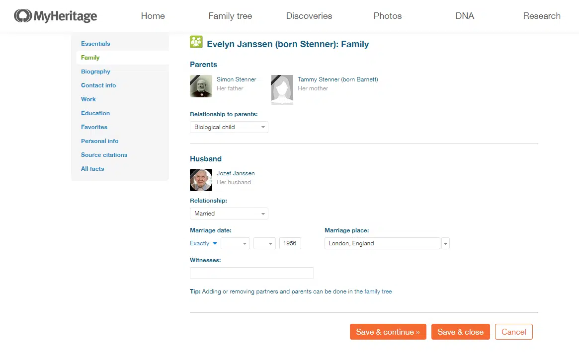 Full profile editor: family section