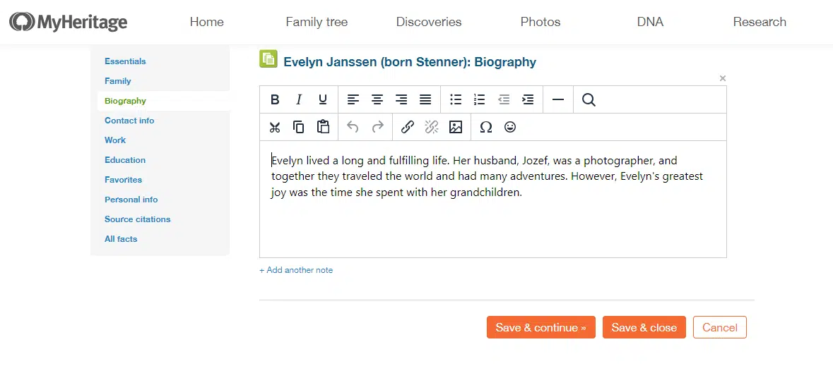 Full profile editor: biography section