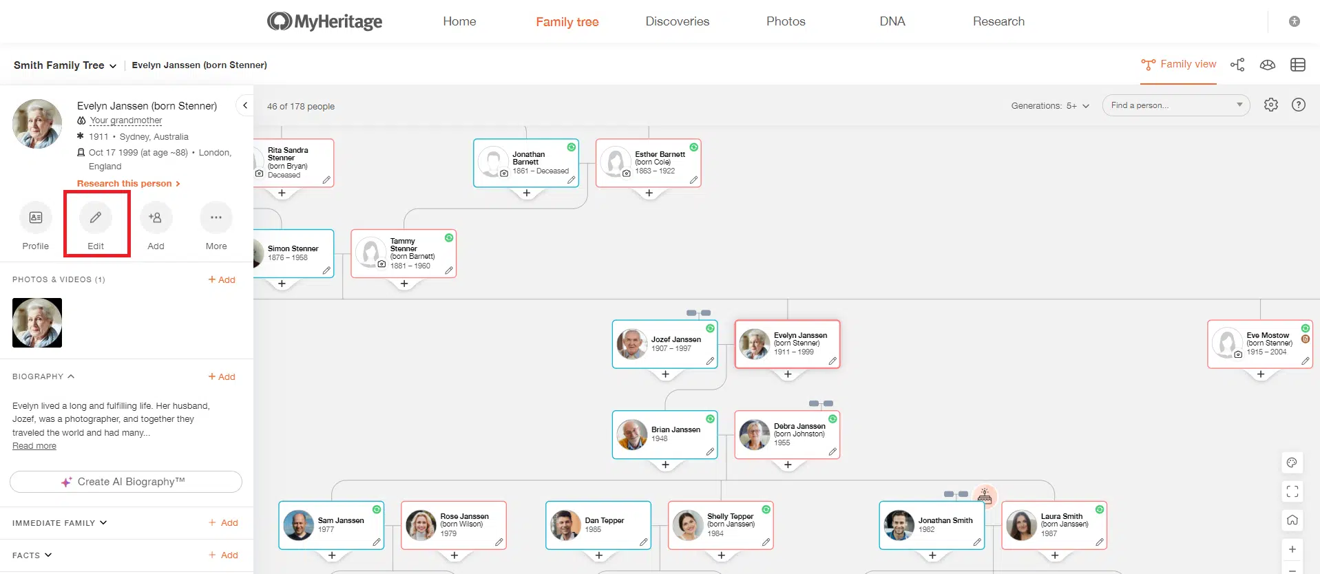 Editing a profile from the family tree on MyHeritage