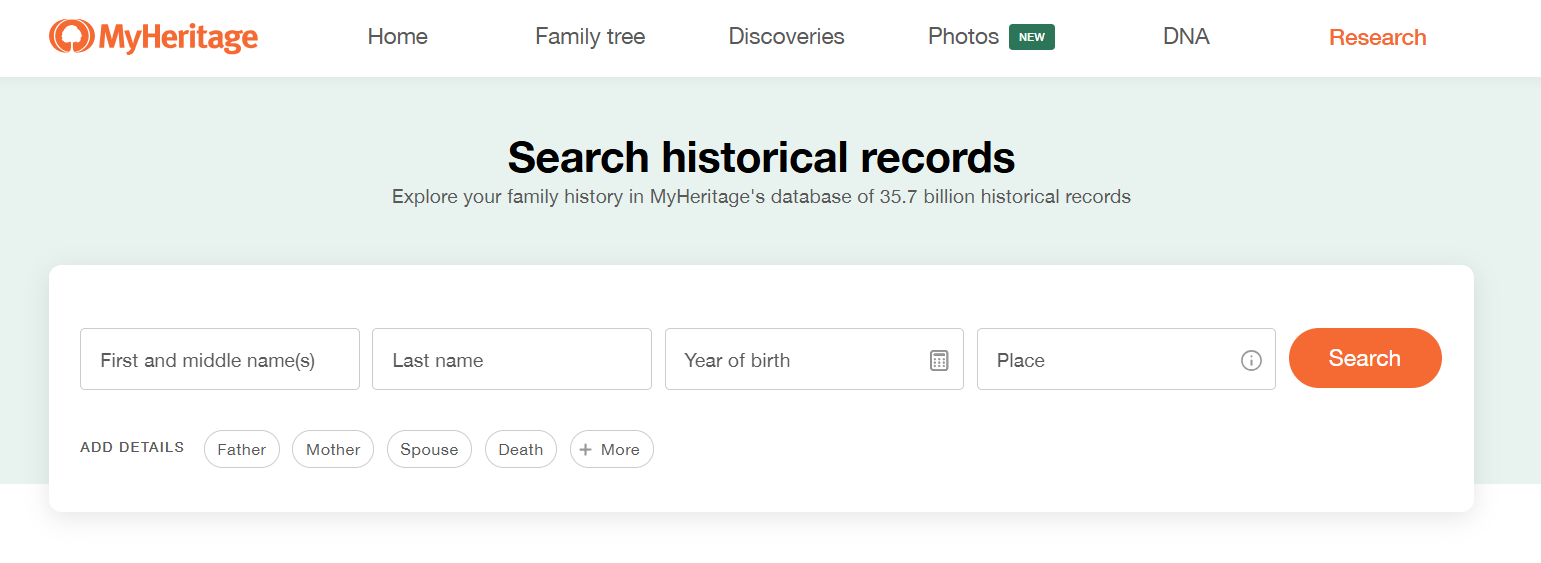The main historical record search page on MyHeritage