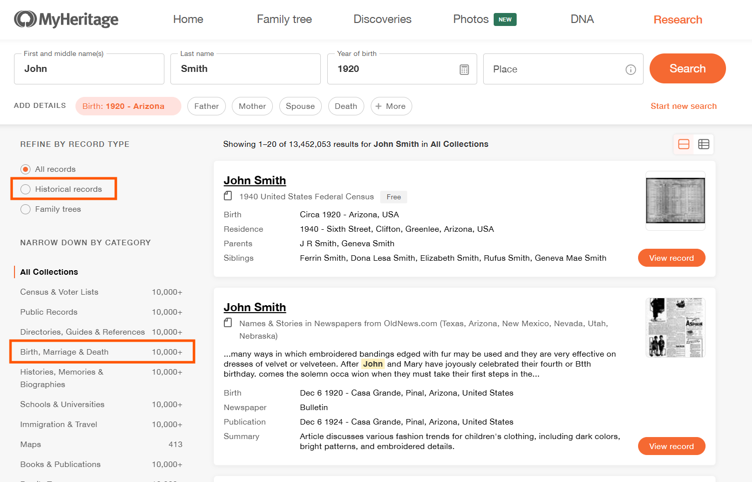 Refining your birth record search on MyHeritage