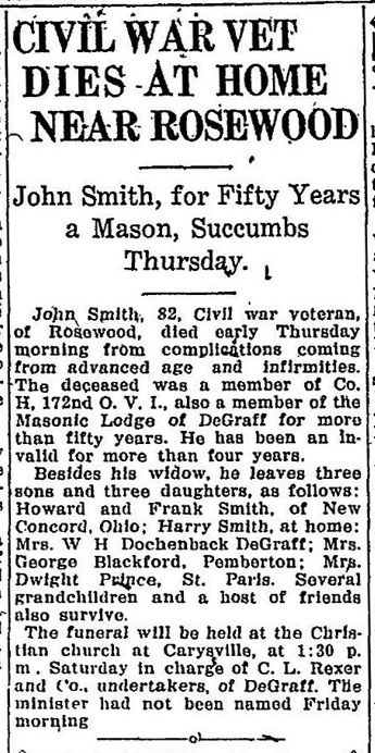 Obituary for a Civil War veteran who passed away, published in the Urbana Daily Democrat on September 17, 1926